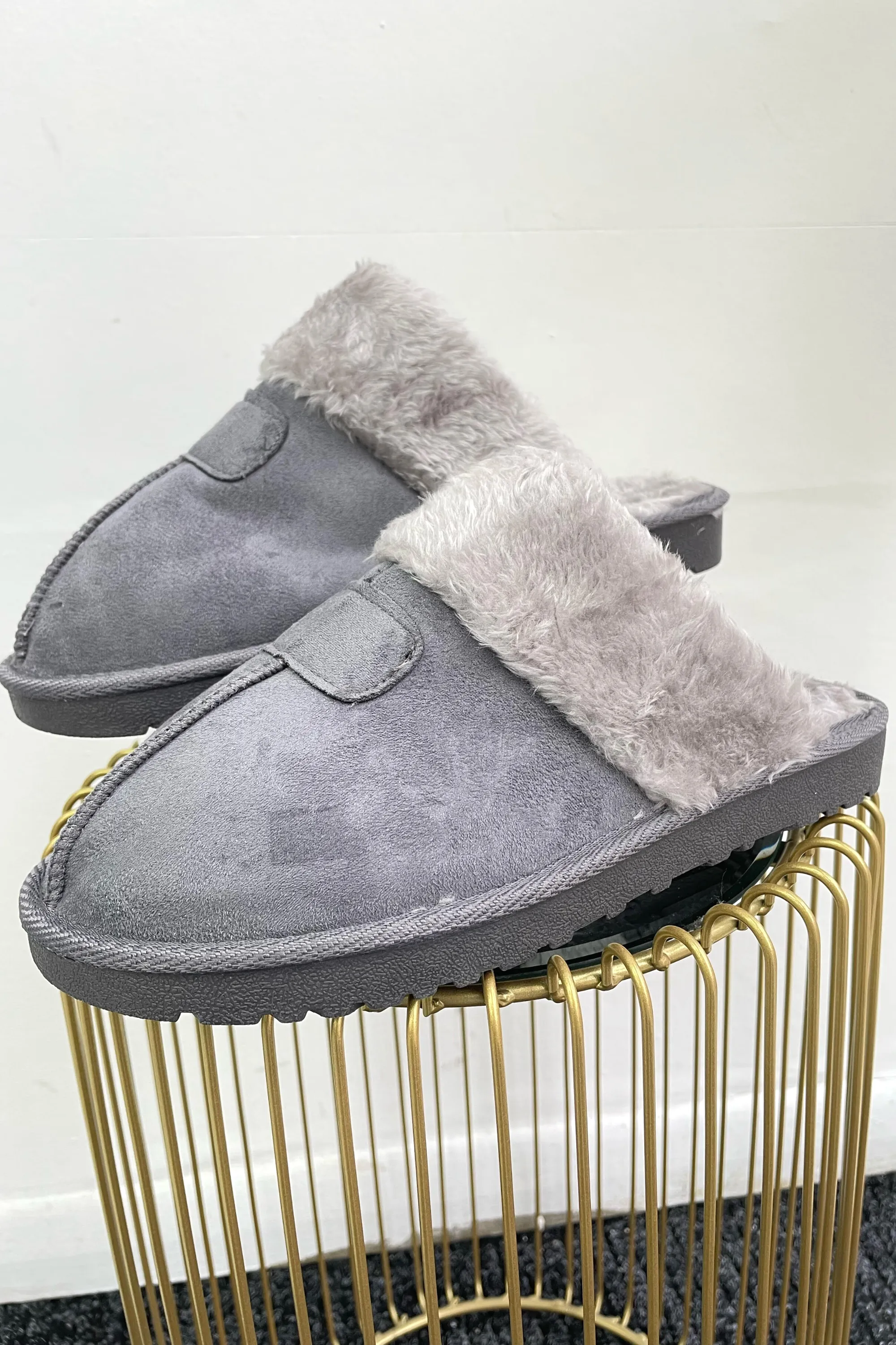 Grey Faux Fur Open Back Slippers