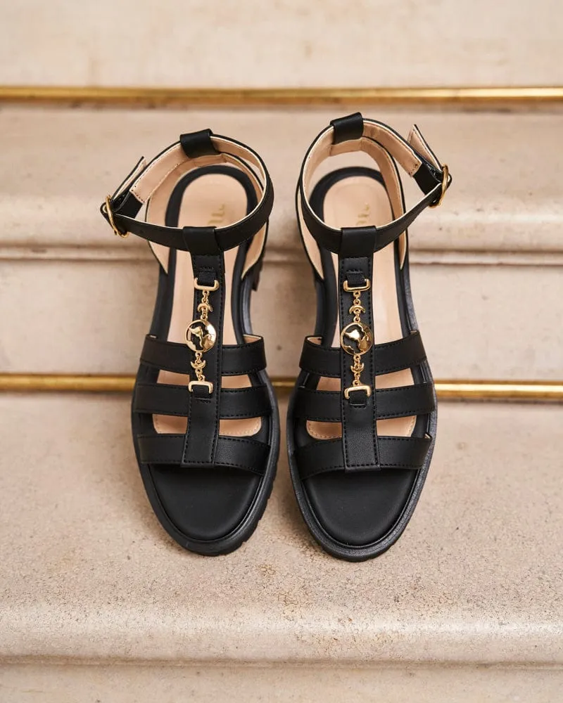 Hyacinth Vegan Leather Wide Strap Symbol Sandals | Black