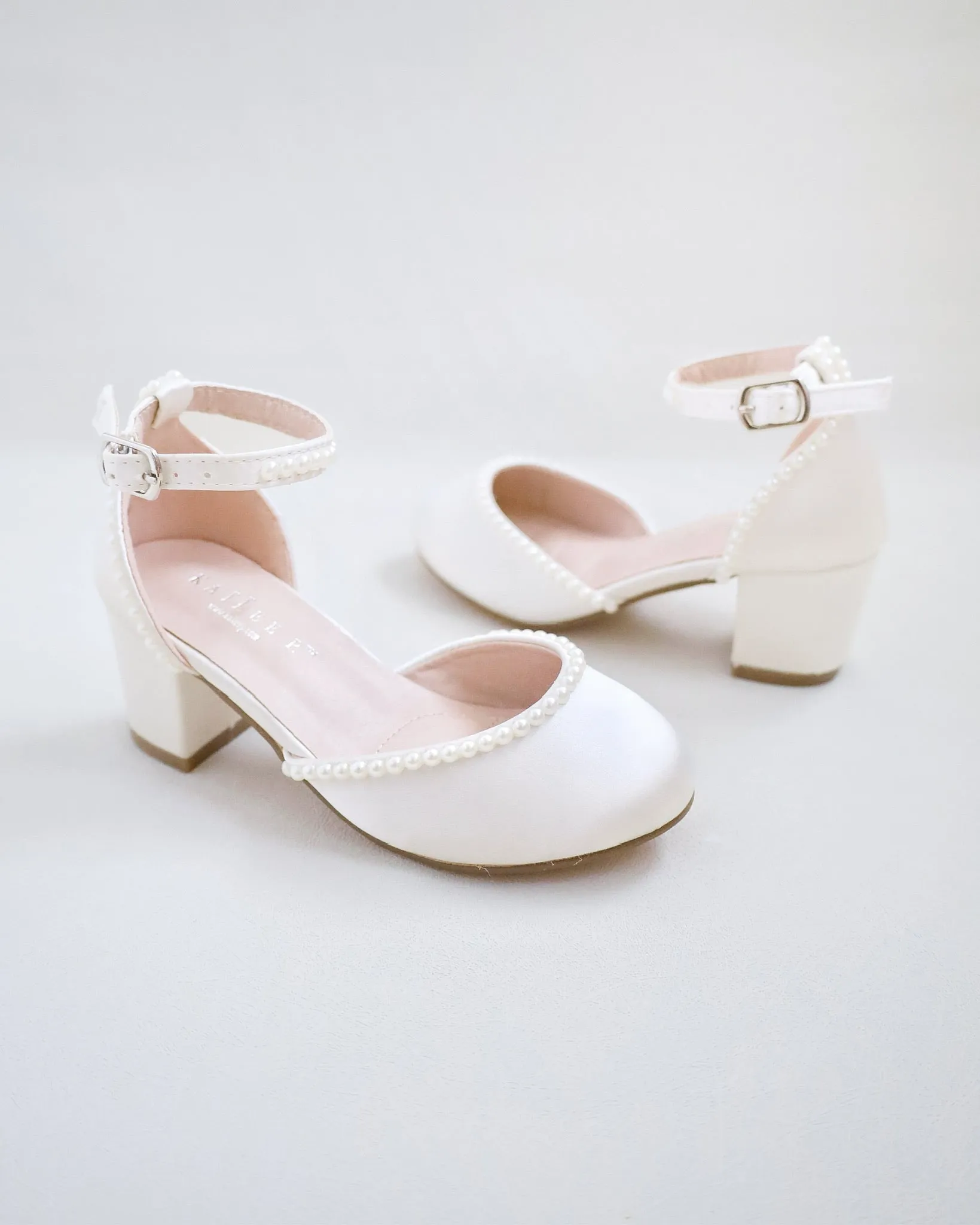 Ivory Satin Girls Block Heel with Mini Pearls