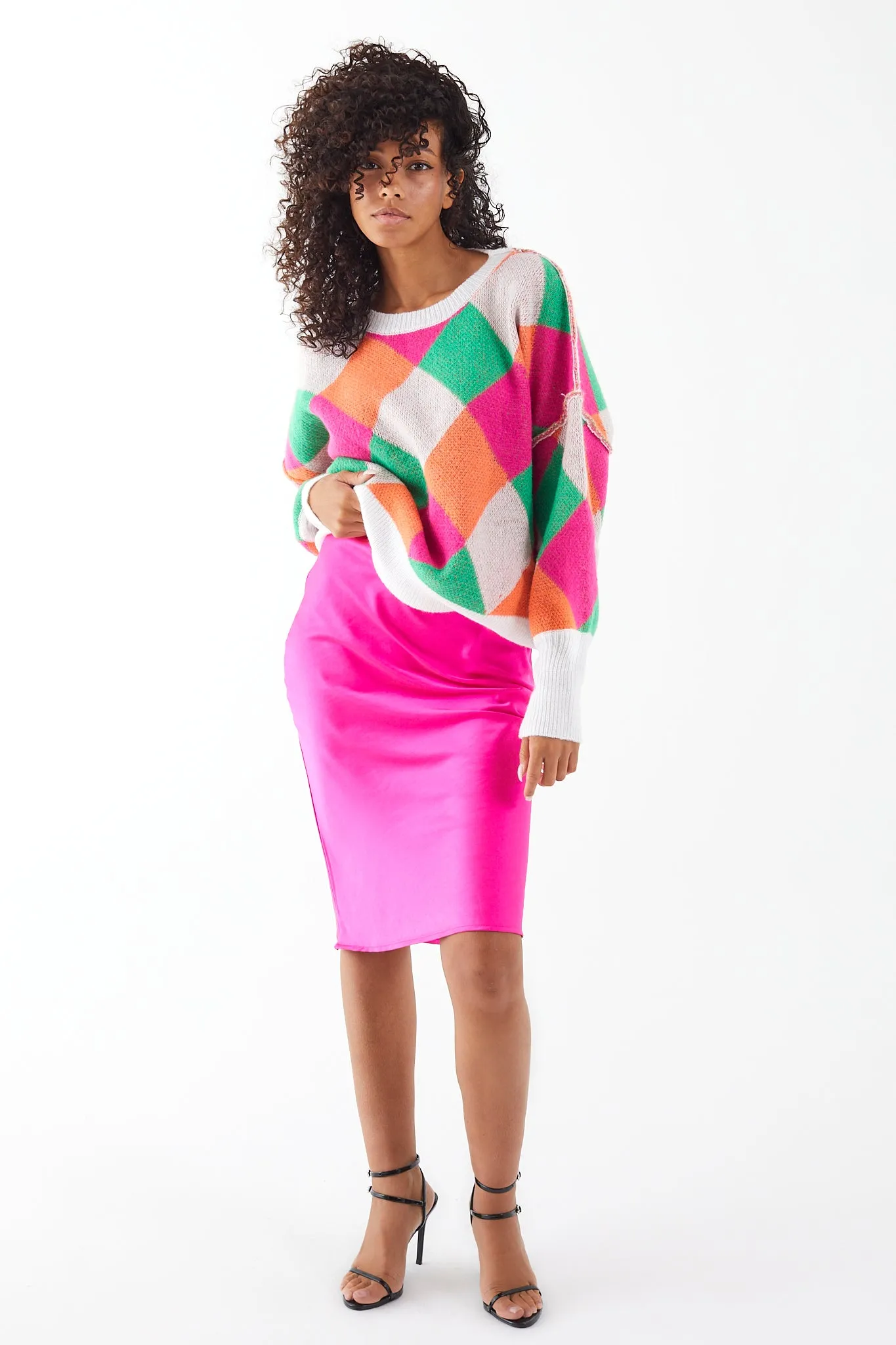 Magenta Sateen Slip Midi Skirt