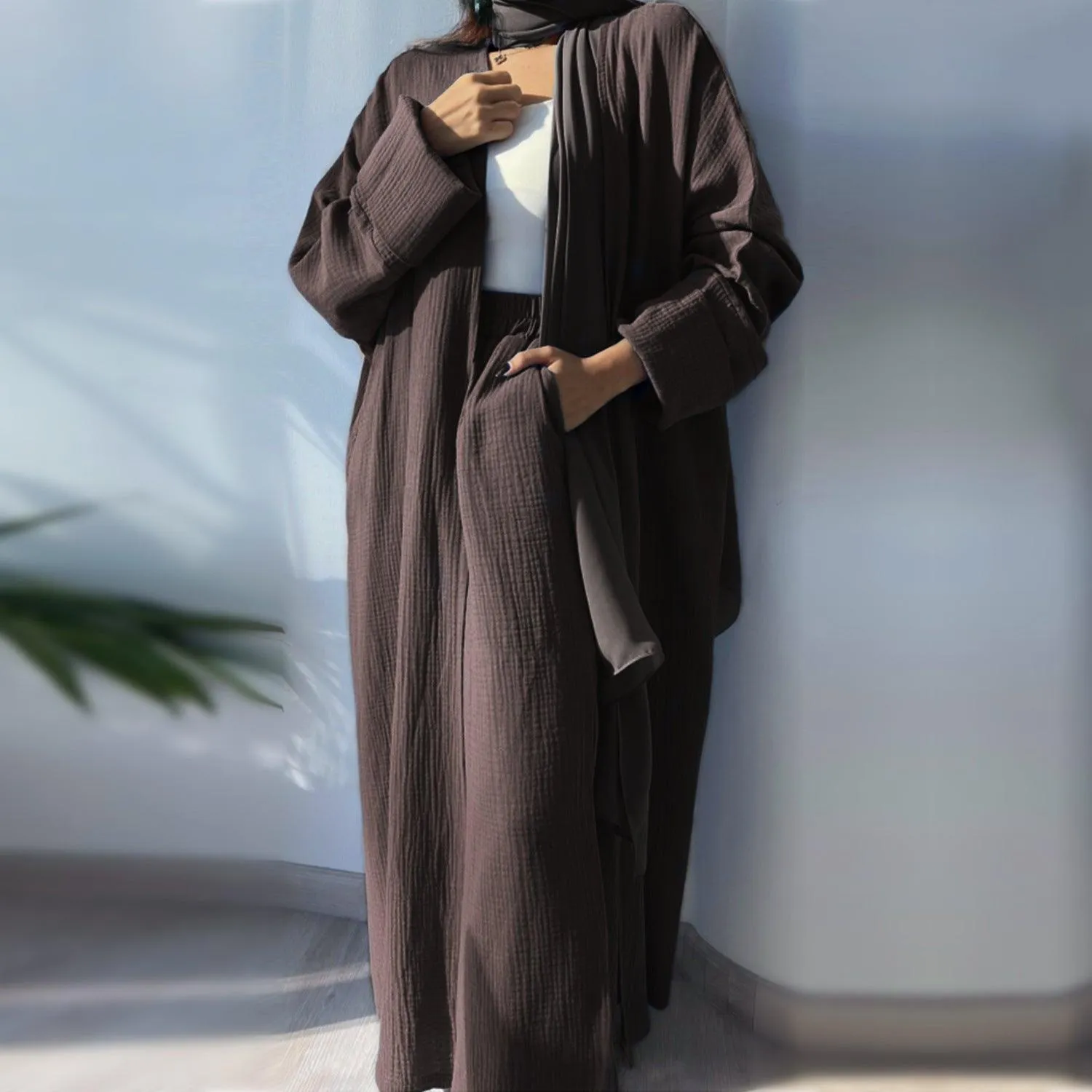 MOA064 Casual Open Abaya With Loose Pants 2-Piece Set