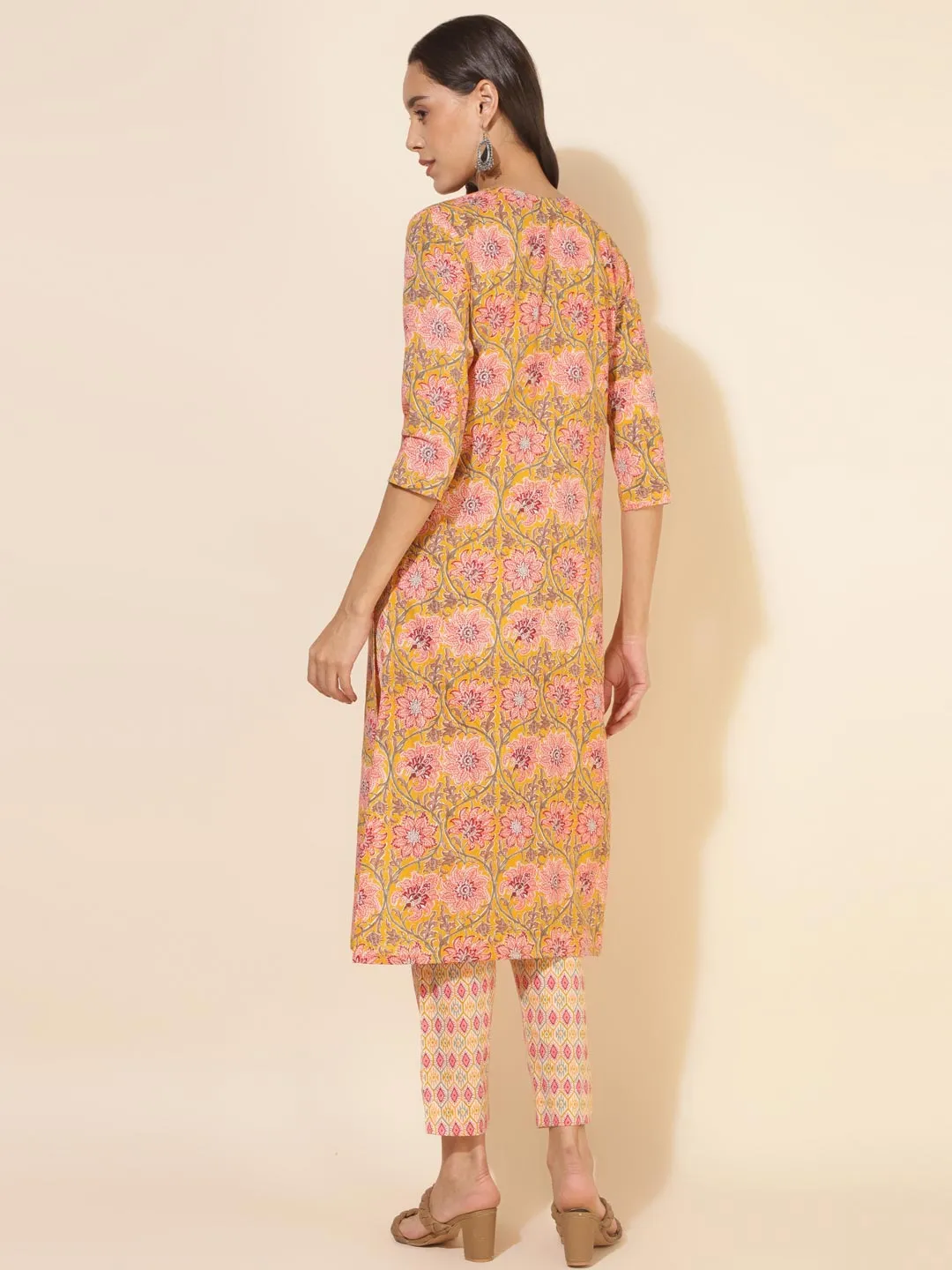 Mustard Cotton Floral Straight Kurta Pant Set