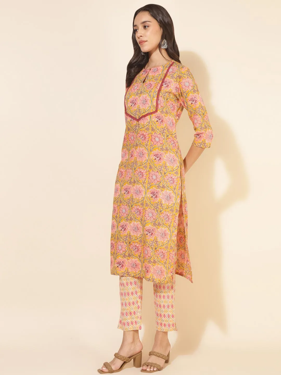 Mustard Cotton Floral Straight Kurta Pant Set