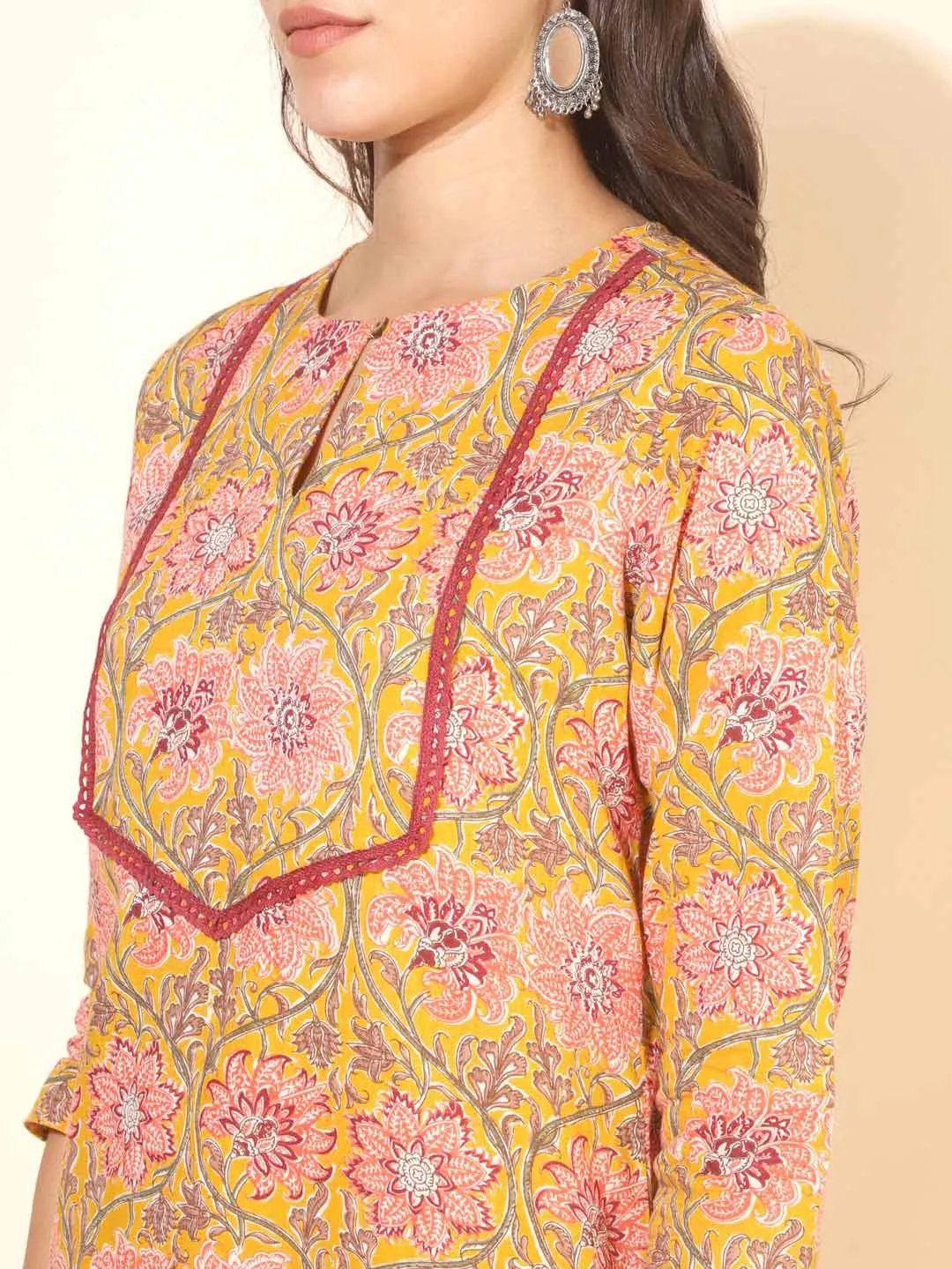 Mustard Cotton Floral Straight Kurta Pant Set