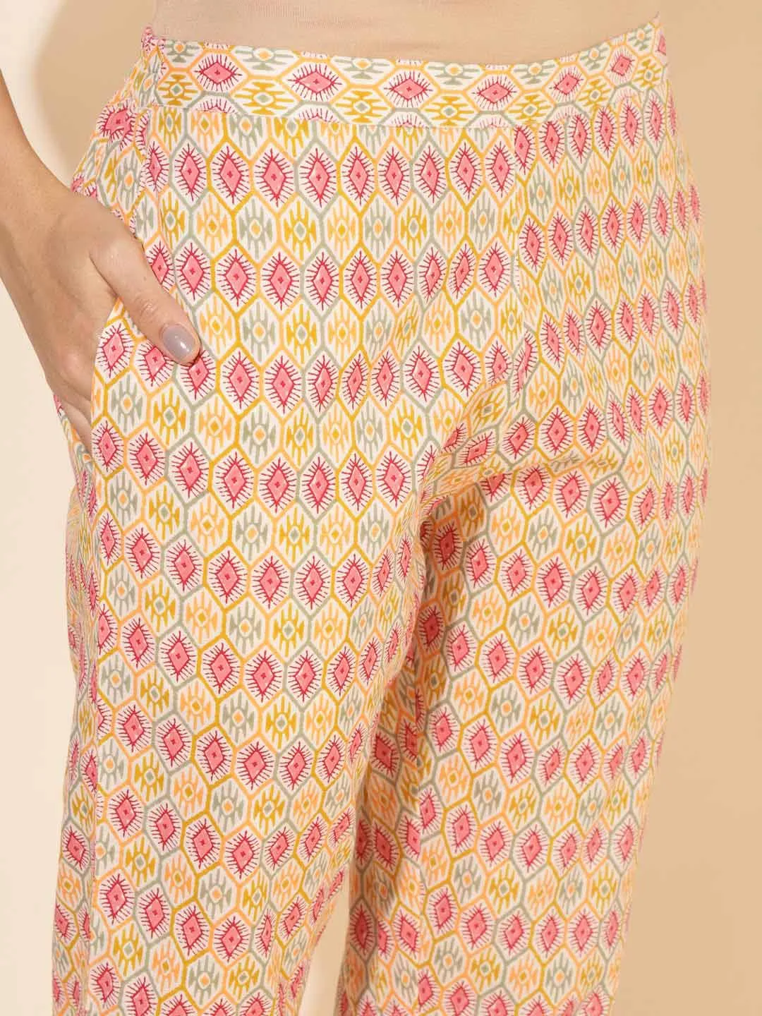 Mustard Cotton Floral Straight Kurta Pant Set