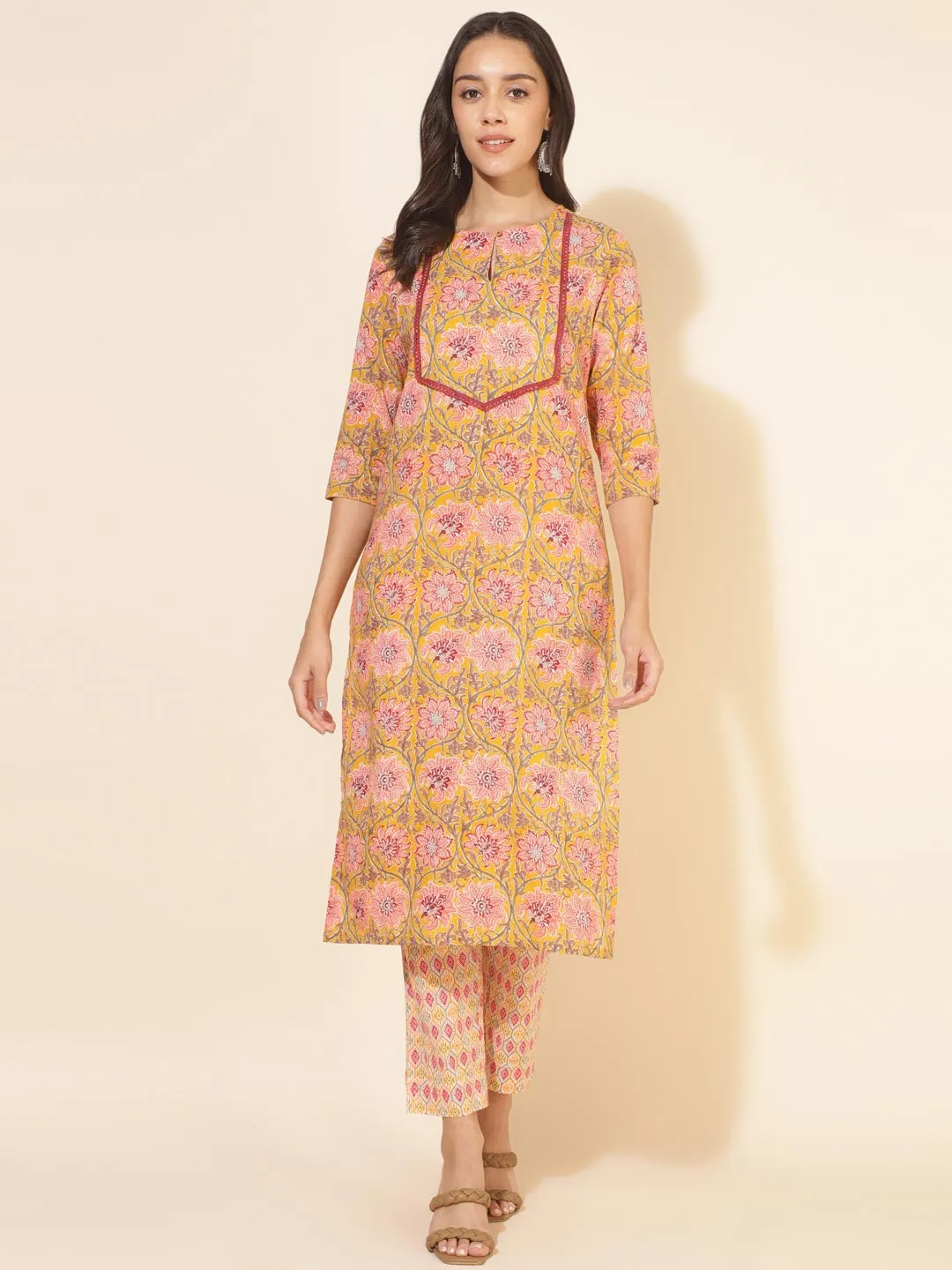 Mustard Cotton Floral Straight Kurta Pant Set