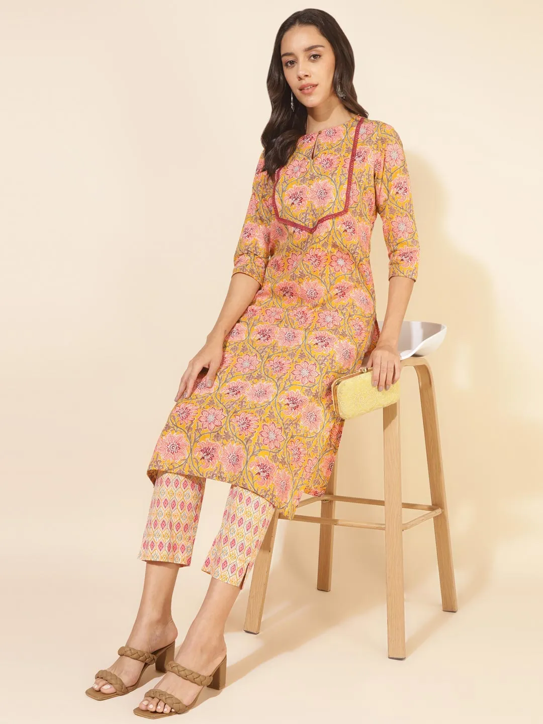 Mustard Cotton Floral Straight Kurta Pant Set