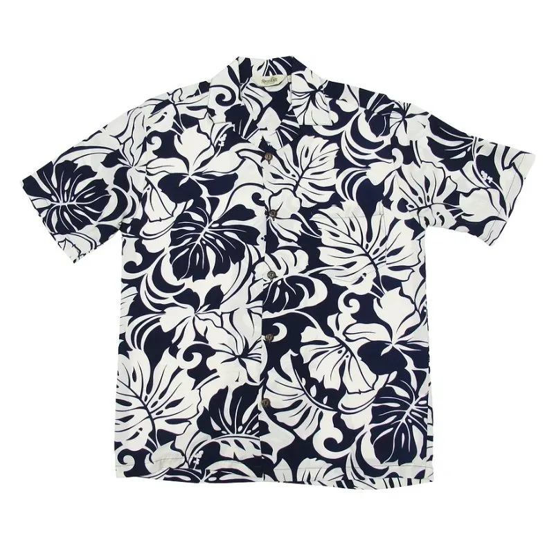 Navy Hibiscus and White Rayon Hawaiian Shirt