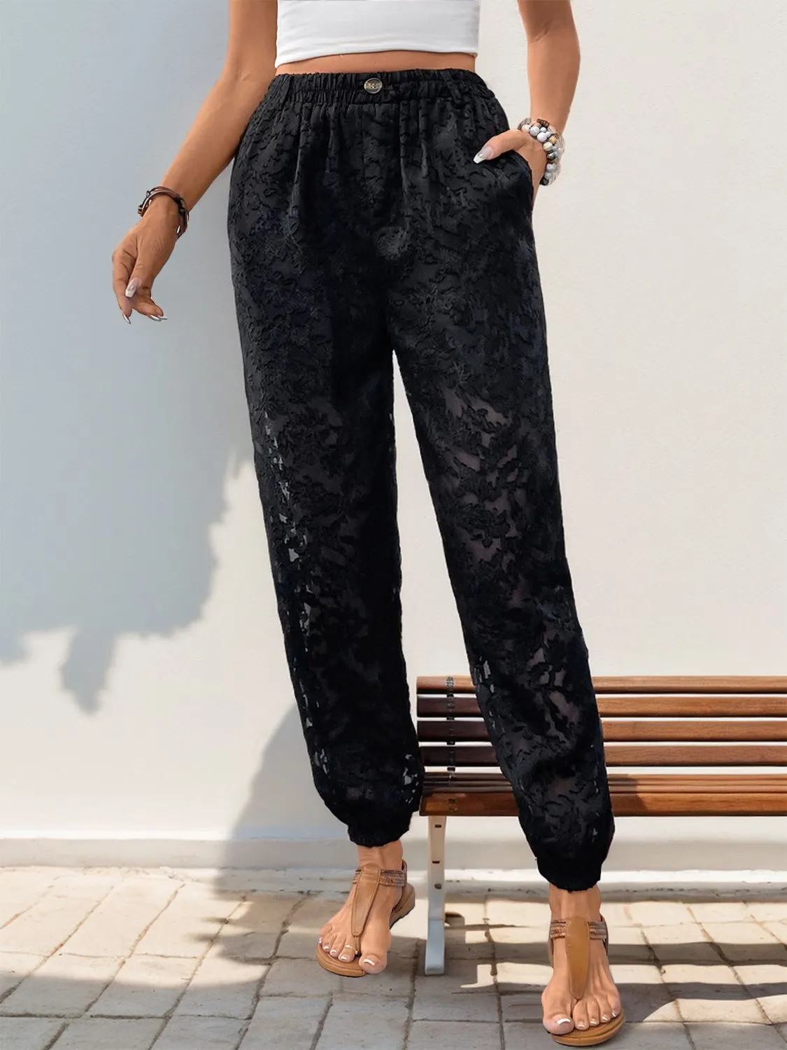 Nicole Pocketed Lace Elastic Waist Pants