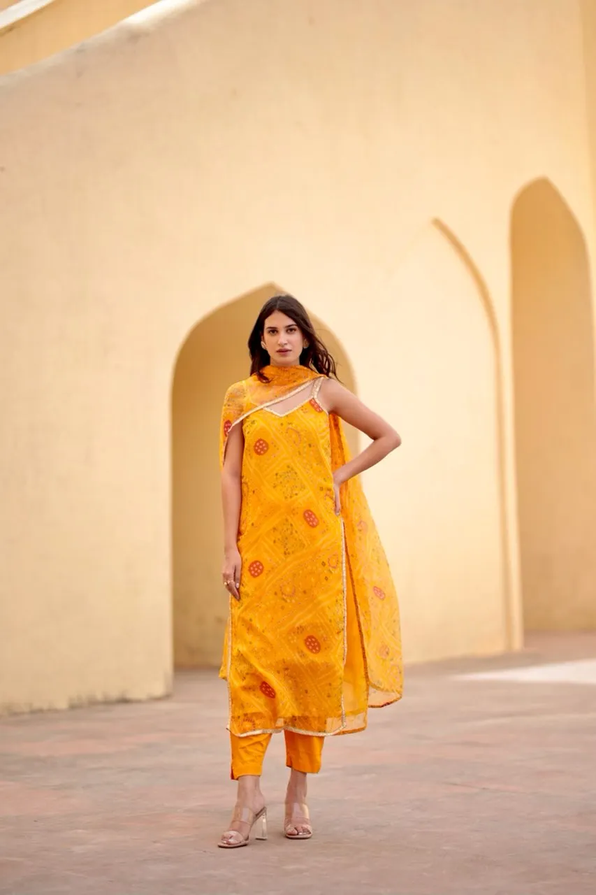 Peela bandhej straight kurta set