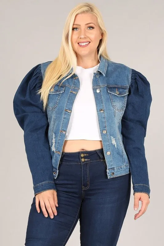 Plus Dark Sleeve Denim Puff Jacket