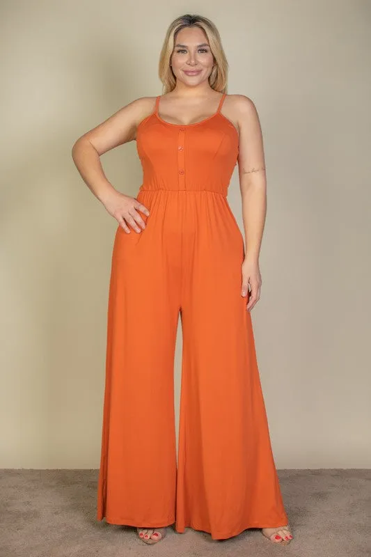 Plus Size Button Front Wide Leg Jumpsuit