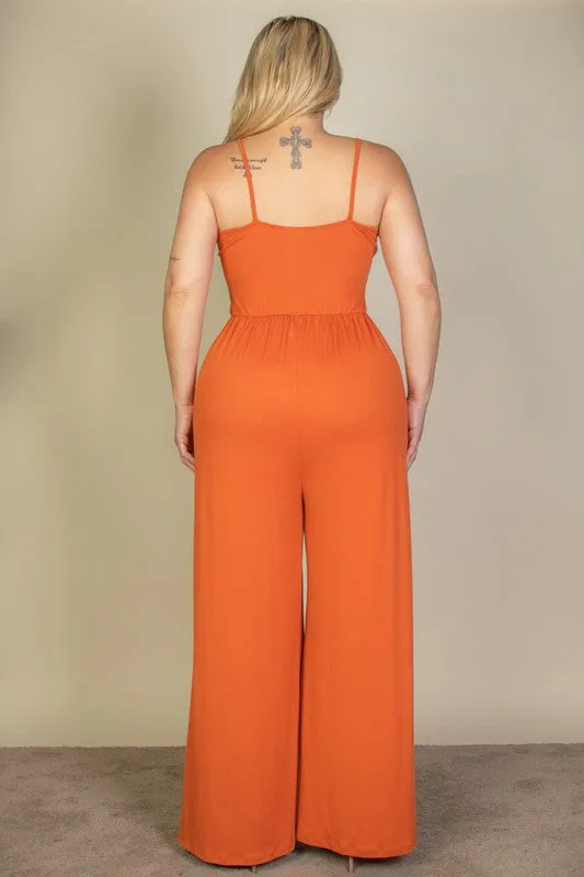 Plus Size Button Front Wide Leg Jumpsuit