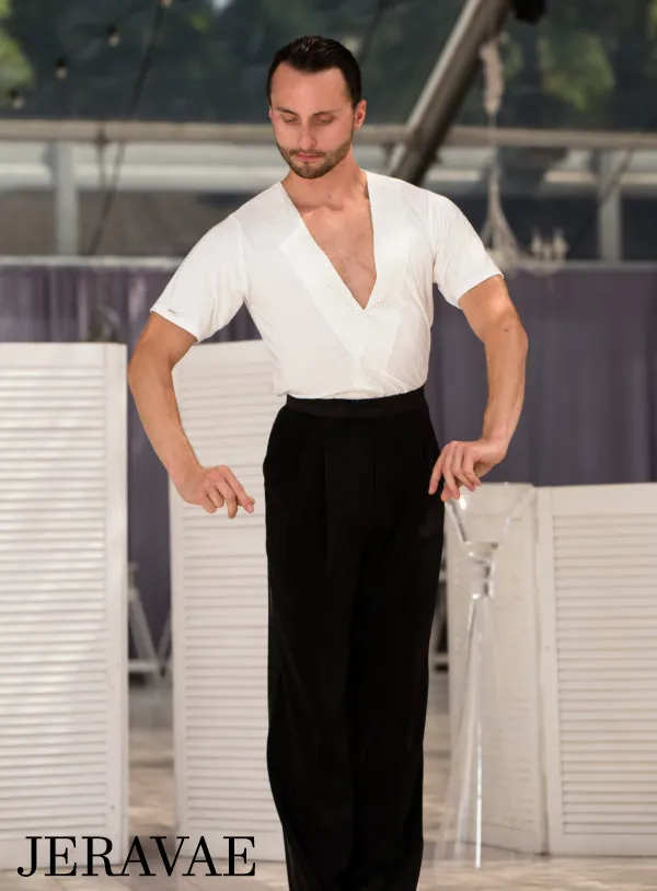 Senga Dancewear DIRAN Men's Short Sleeve Tuck Out Style Shirt with Deep V-Neckline Accented by Eco Leather Available in Cream and Black M072 in Stock