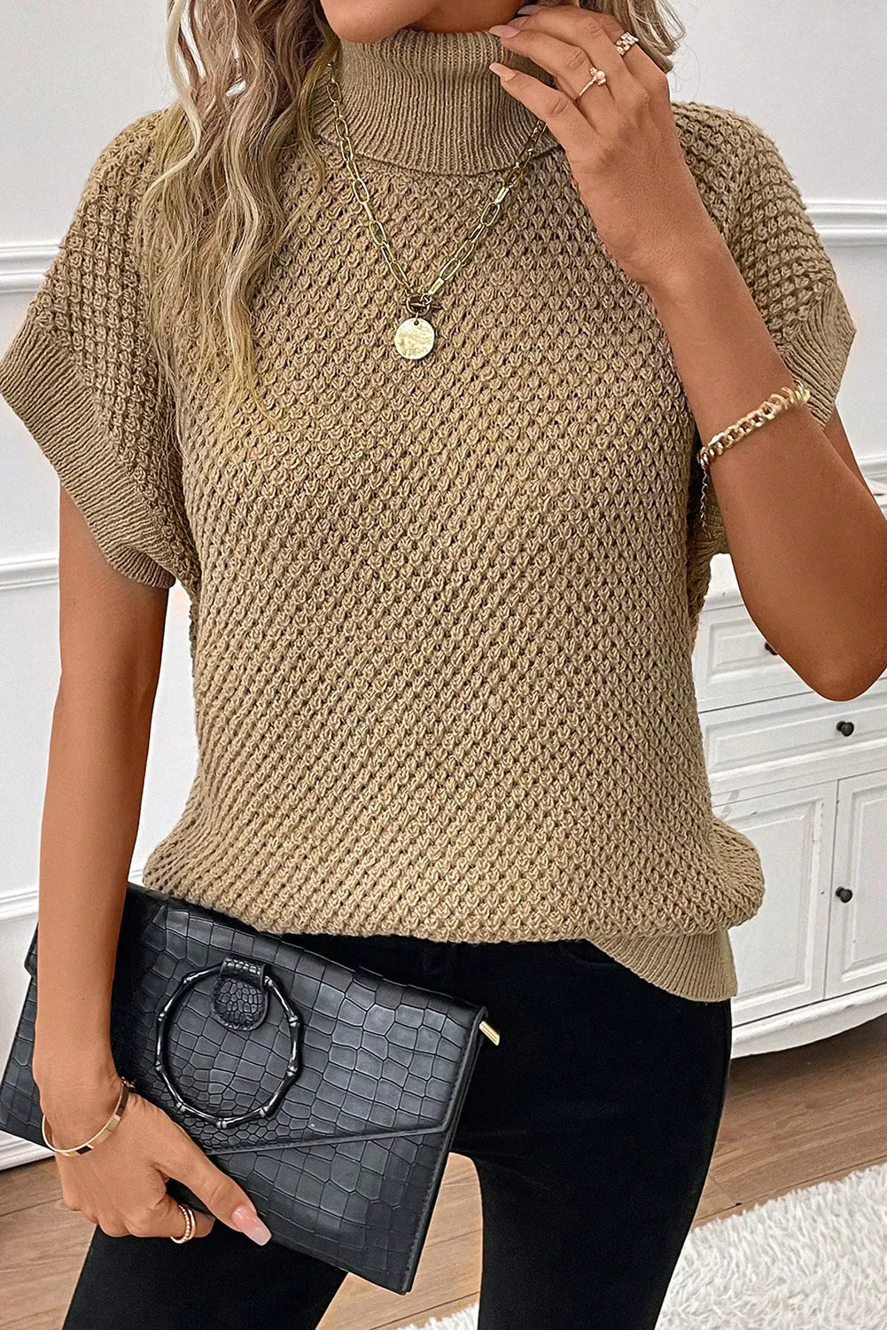 Short Sleeve Khaki Turtleneck Sweater