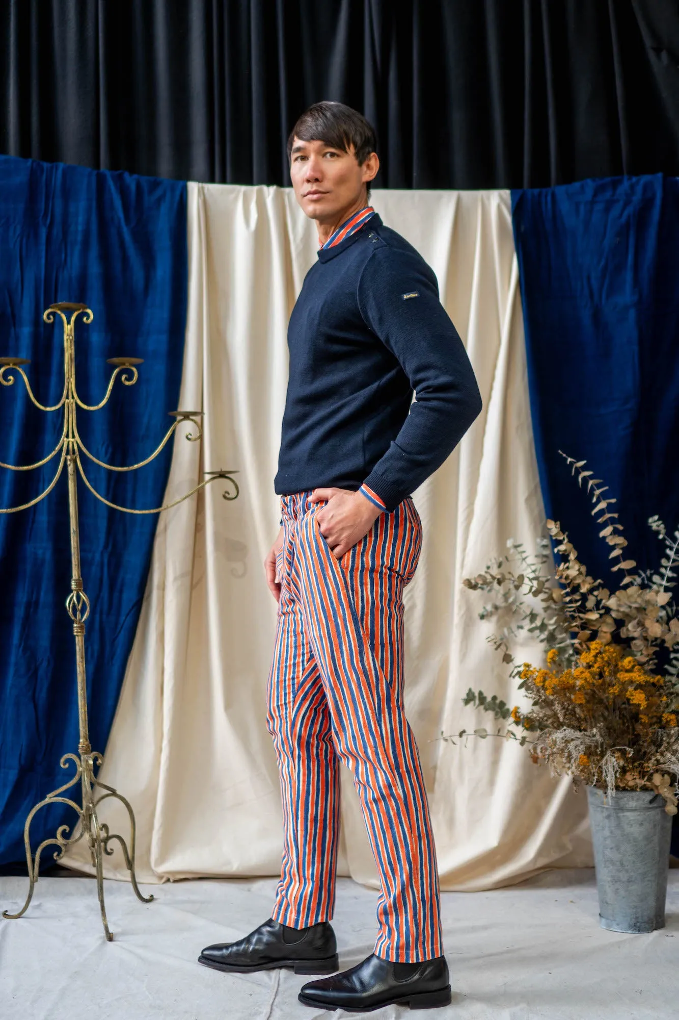 Tailored Pants - Blue and Orange Stripe Print