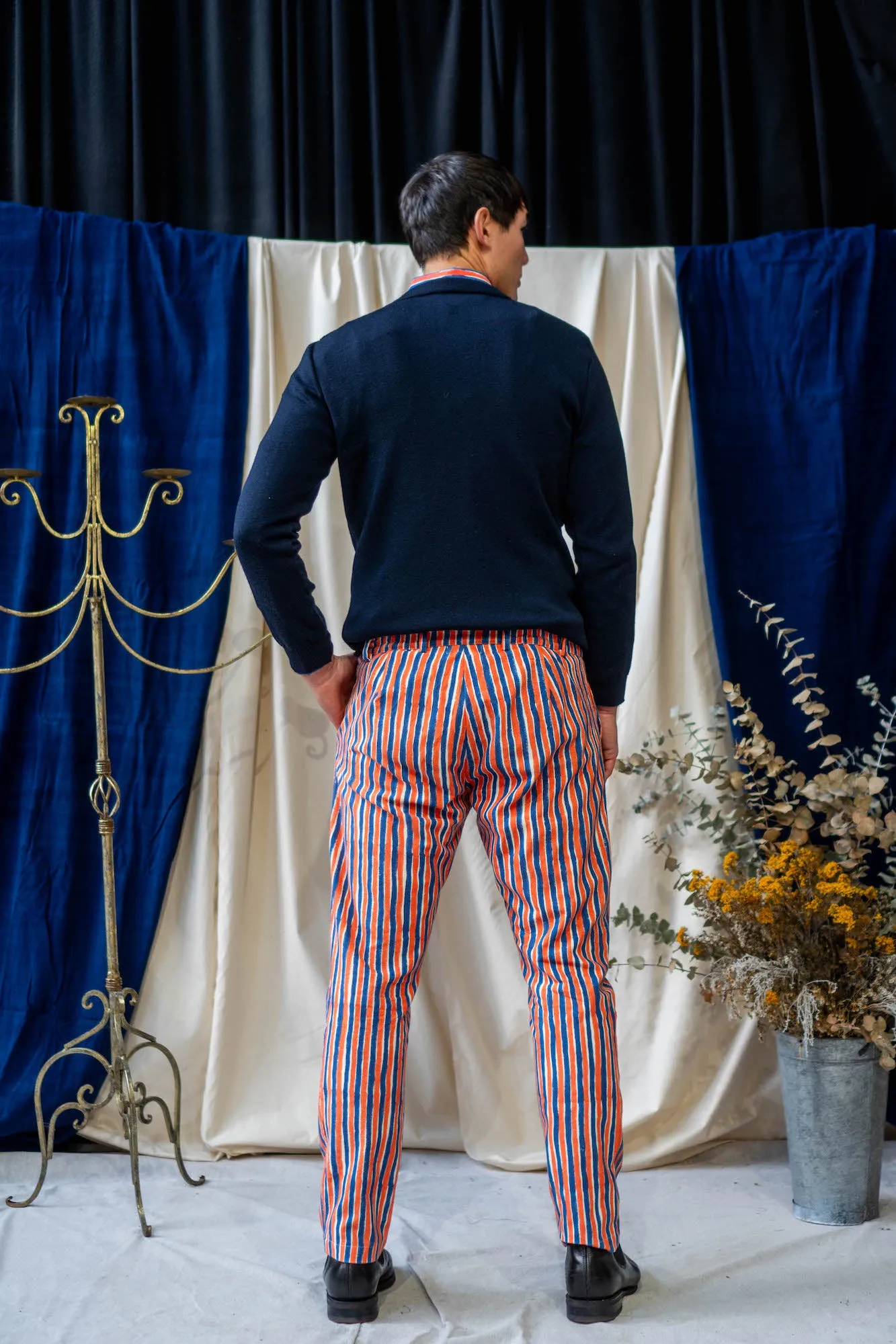 Tailored Pants - Blue and Orange Stripe Print