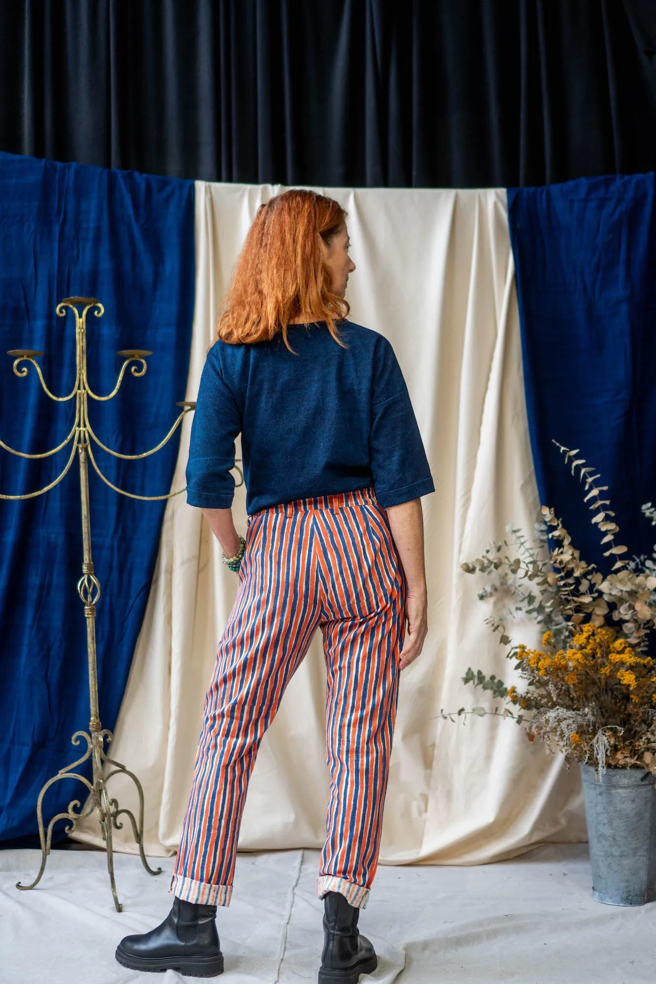 Tailored Pants - Blue and Orange Stripe Print