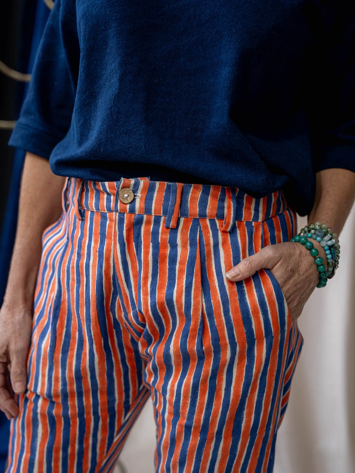 Tailored Pants - Blue and Orange Stripe Print