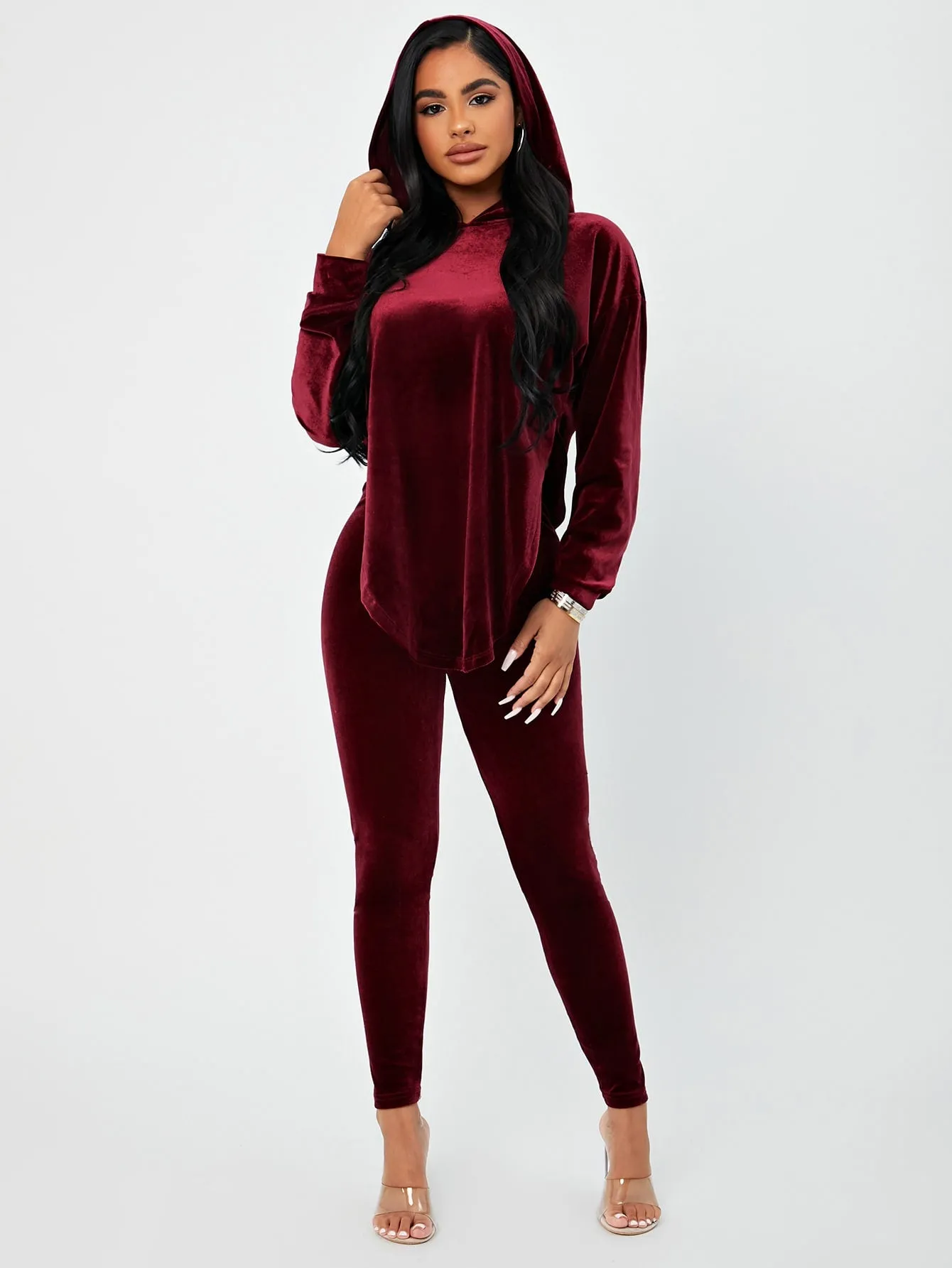 Velvet Drop Shoulder Hoodie Pants Set