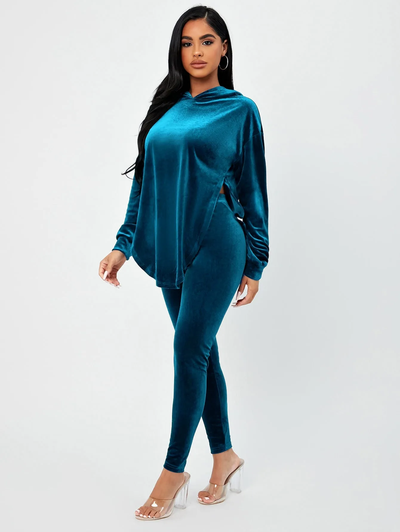 Velvet Drop Shoulder Hoodie Pants Set