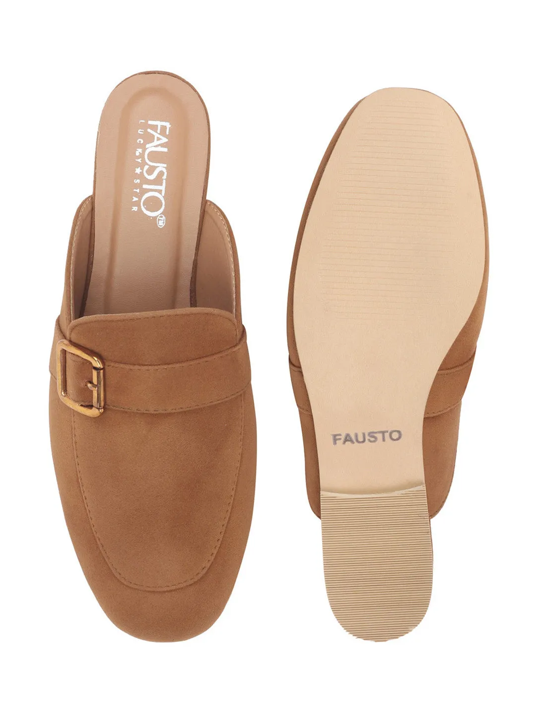 Women Tan Back Open Flat Mules with Buckle Strap