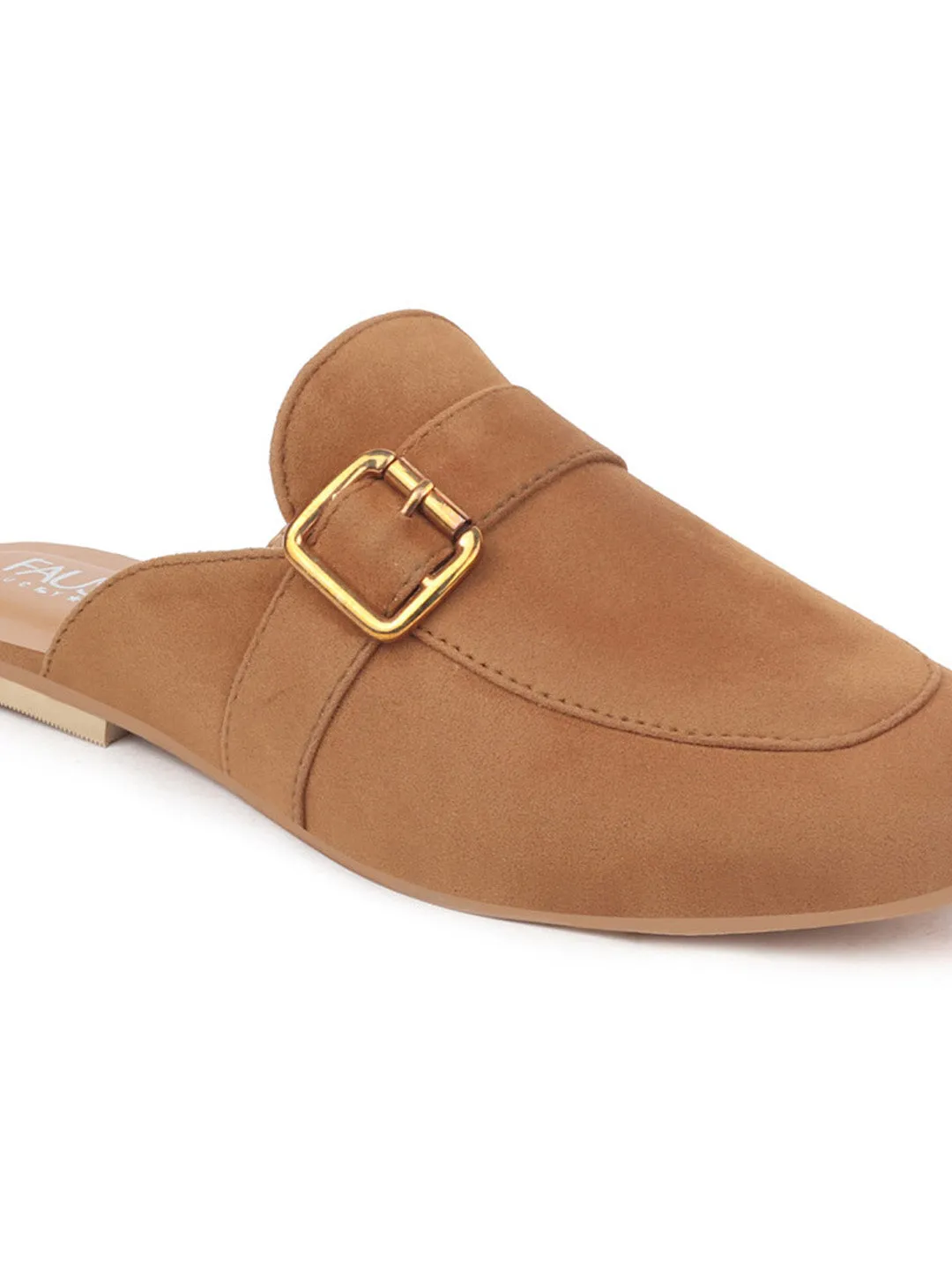 Women Tan Back Open Flat Mules with Buckle Strap